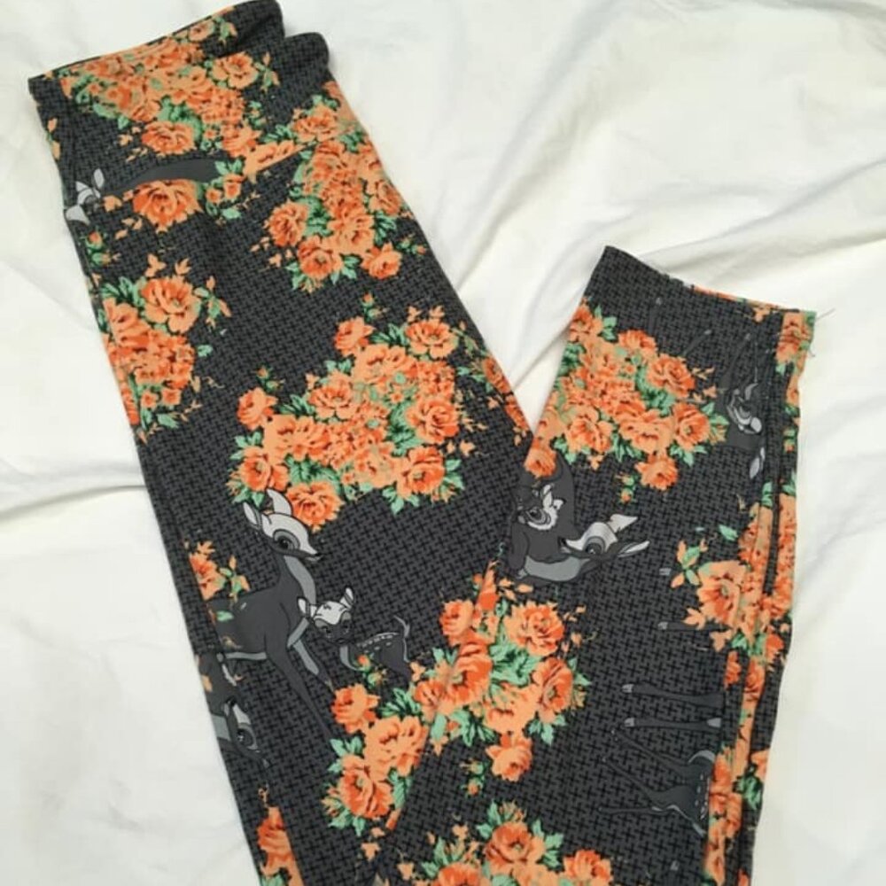 Disney OS One Size Leggings LulaRoe Bambi Mom Thumper Roses Floral Orange NEW
